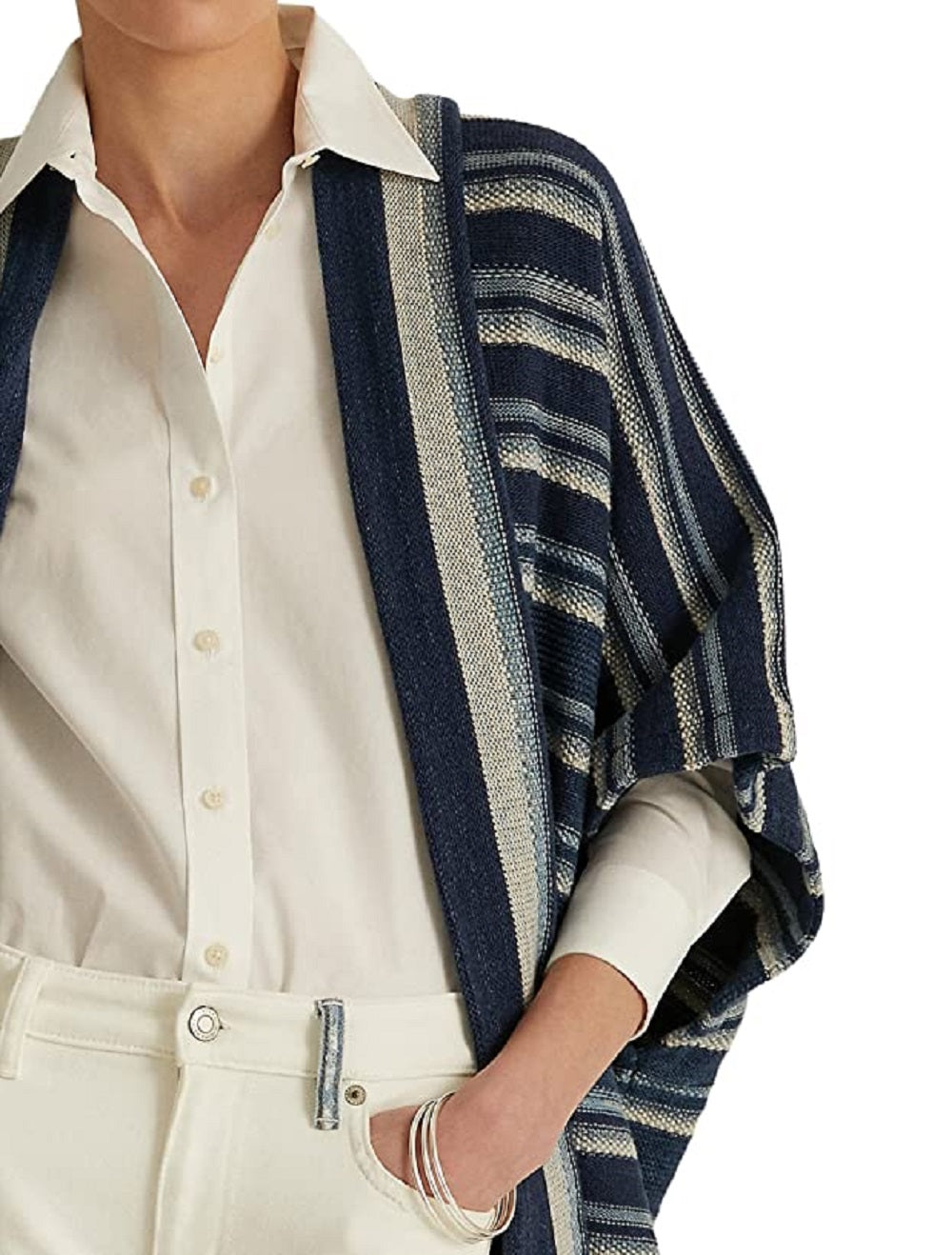 Cardigan feminino listrado de algodão com franjas e acabamento em azul, tamanho pequeno