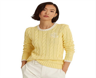 Suéter de malha de algodão com monograma Ralph Lauren feminino, amarelo, tamanho grande