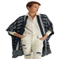Cardigan feminino listrado de algodão com franjas e acabamento em azul, tamanho pequeno x pequeno