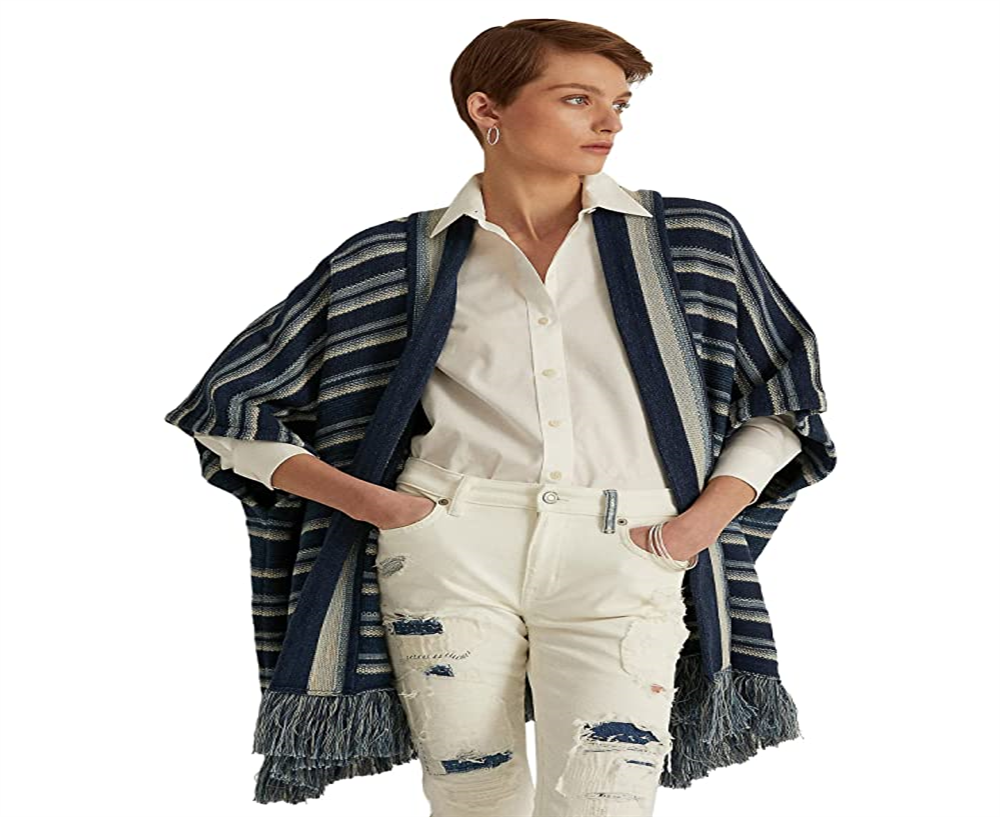 Cardigan feminino listrado de algodão com franjas e acabamento em azul, tamanho pequeno x pequeno