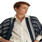 Cardigan feminino listrado de algodão com franjas e acabamento em azul, tamanho pequeno x pequeno