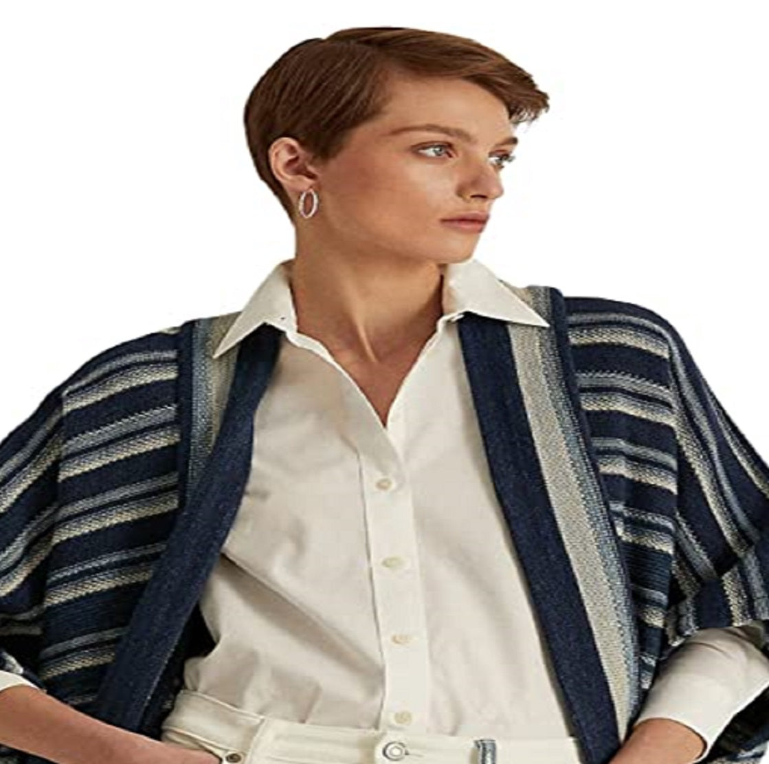 Cardigan feminino listrado de algodão com franjas e acabamento em azul, tamanho pequeno x pequeno