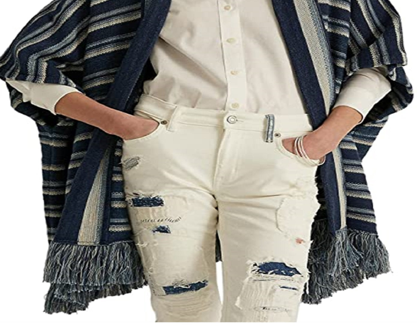 Cardigan feminino listrado de algodão com franjas e acabamento em azul, tamanho pequeno x pequeno