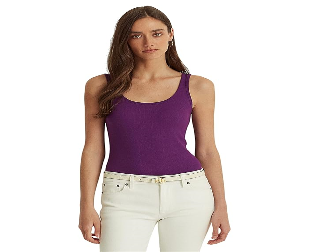 Camiseta regata feminina Ralph Lauren de algodão misto, roxa, tamanho grande