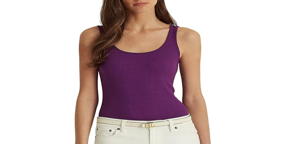 Camiseta regata feminina Ralph Lauren de algodão misto, roxa, tamanho grande