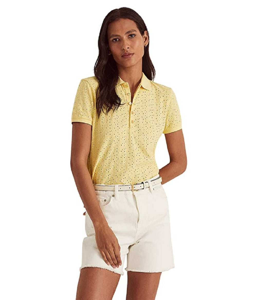 Camisa polo feminina Ralph Lauren com ilhós, amarela, tamanho extragrande