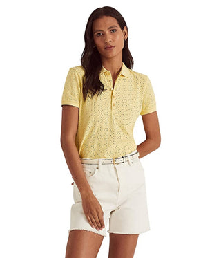 Camisa polo feminina Ralph Lauren com ilhós, amarela, tamanho extragrande
