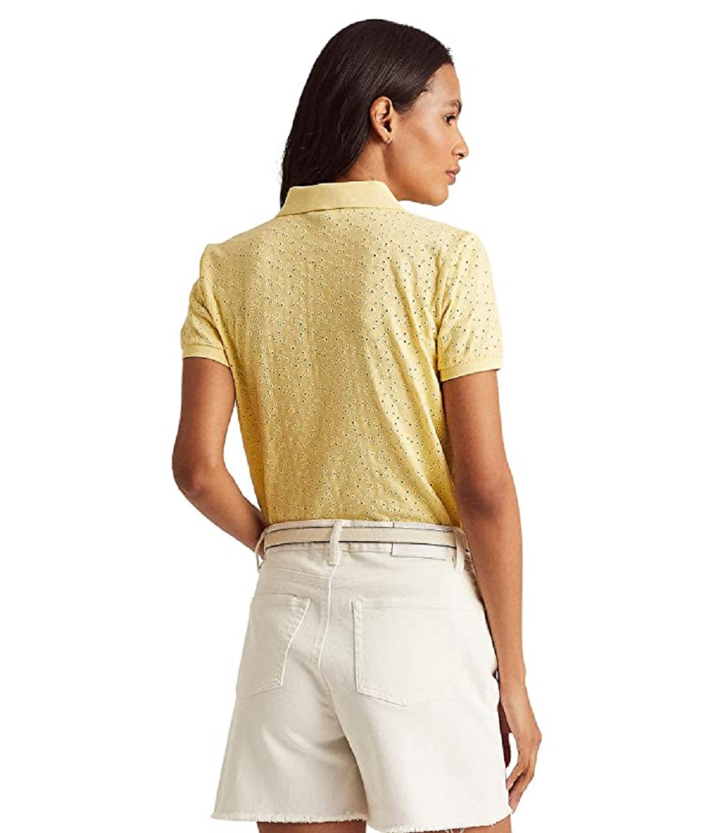 Camisa polo feminina Ralph Lauren com ilhós, amarela, tamanho extragrande