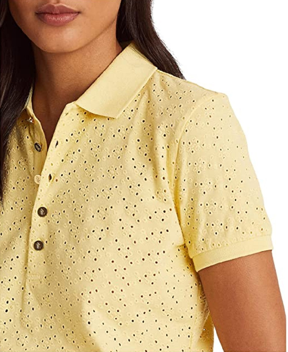 Camisa polo feminina Ralph Lauren com ilhós, amarela, tamanho extragrande