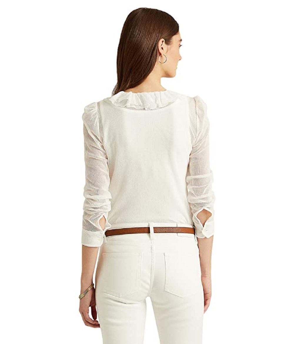 Cardigan Ralph Lauren Feminino de Tule com Babados e Tamanho Grande, Branco