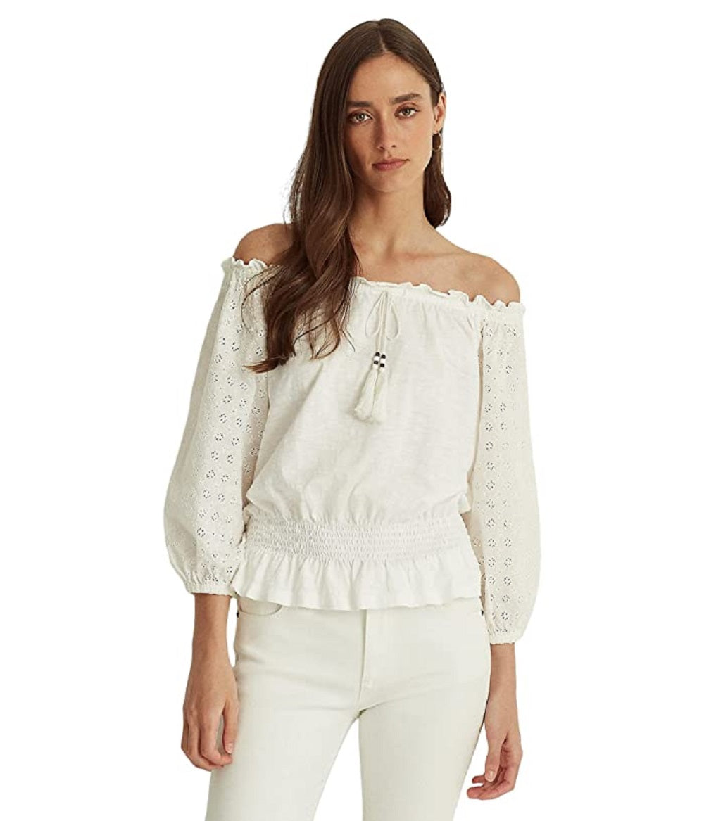 Blusa Ralph Lauren Feminina Ombro a Ombro em Jersey com Ilhós, Branca, Tamanho Médio