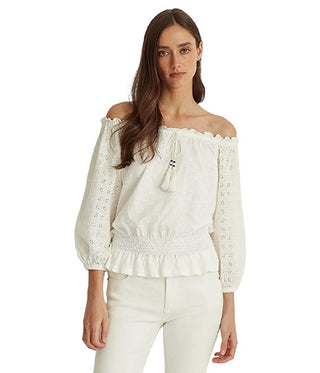 Ralph Lauren Women's Off The Shoulder Jersey Eyelet Blouse White Size Medium