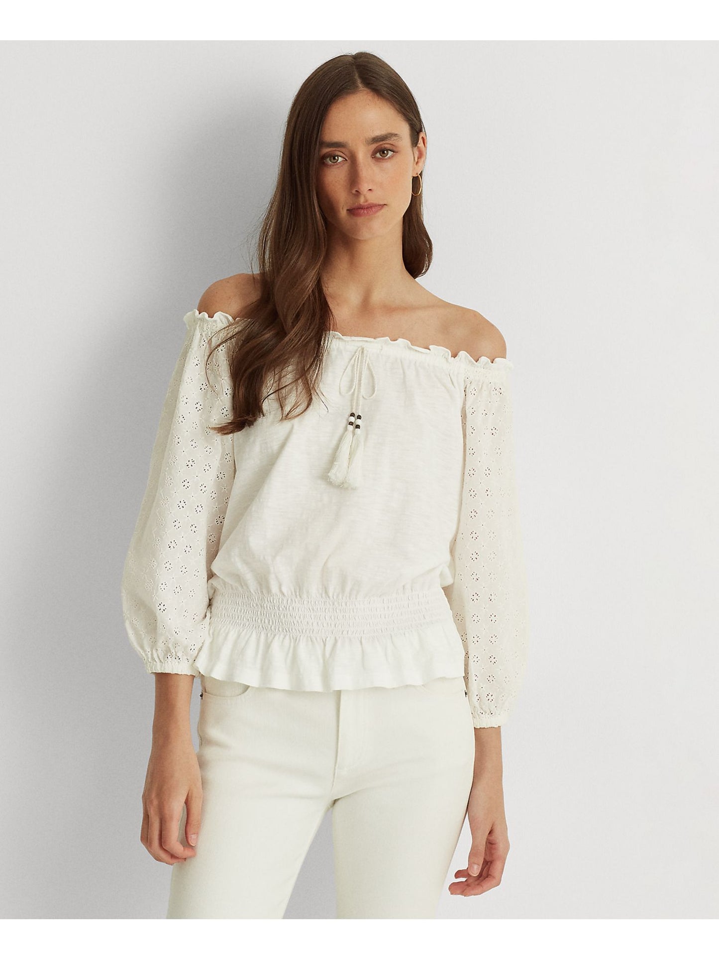 Ralph Lauren Feminino Ombro a Ombro Jersey Ilhós Top Branco Tamanho X-G