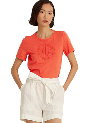 Camiseta Ralph Lauren Feminina com Logo e Ilhós Laranja Tamanho P
