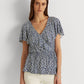 Blusa Ralph Lauren Feminina com Babados, Gancho e Olho Frontal, Manga Flutuante, Gola V, Peplum, Azul, Tamanho Grande