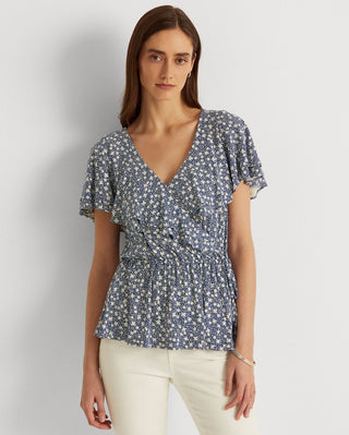 Blusa Ralph Lauren Feminina com Babados, Gancho e Olho Frontal, Manga Flutuante, Gola V, Peplum, Azul, Tamanho Grande