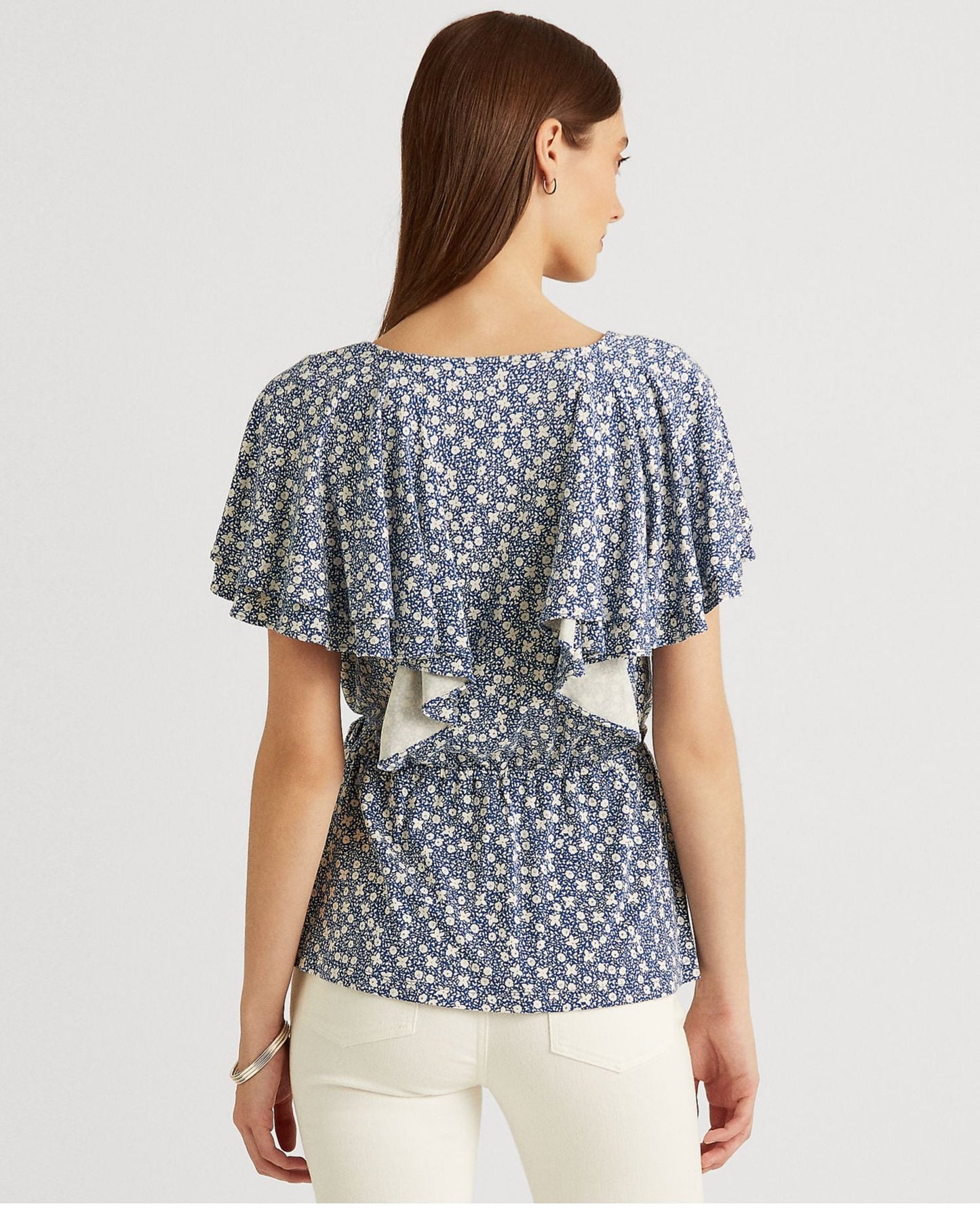Blusa Ralph Lauren Feminina com Babados, Gancho e Olho Frontal, Manga Flutuante, Gola V, Peplum, Azul, Tamanho Grande