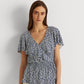 Blusa Ralph Lauren Feminina com Babados, Gancho e Olho Frontal, Manga Flutuante, Gola V, Peplum, Azul, Tamanho Grande