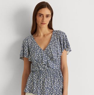 Blusa Ralph Lauren Feminina com Babados, Gancho e Olho Frontal, Manga Flutuante, Gola V, Peplum, Azul, Tamanho Grande