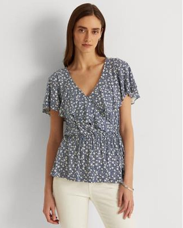Blusa Ralph Lauren Feminina com Babados, Gancho e Olho Frontal, Manga Flutuante, Gola V, Peplum, Azul, Tamanho P