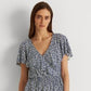 Blusa Ralph Lauren Feminina com Babados, Gancho e Olho Frontal, Manga Flutuante, Gola V, Peplum, Azul, Tamanho P