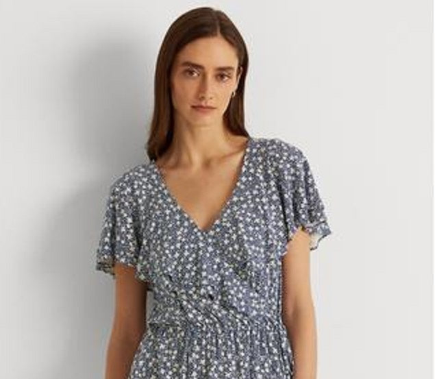 Blusa Ralph Lauren Feminina com Babados, Gancho e Olho Frontal, Manga Flutuante, Gola V, Peplum, Azul, Tamanho P