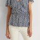 Blusa Ralph Lauren Feminina com Babados, Gancho e Olho Frontal, Manga Flutuante, Gola V, Peplum, Azul, Tamanho P