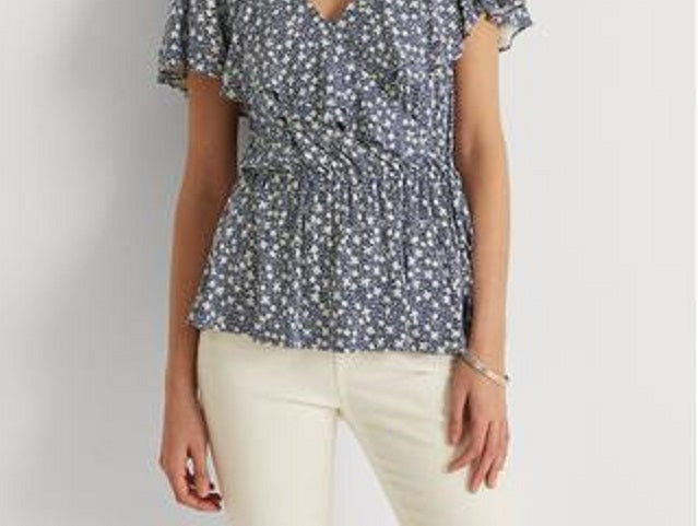 Blusa Ralph Lauren Feminina com Babados, Gancho e Olho Frontal, Manga Flutuante, Gola V, Peplum, Azul, Tamanho P