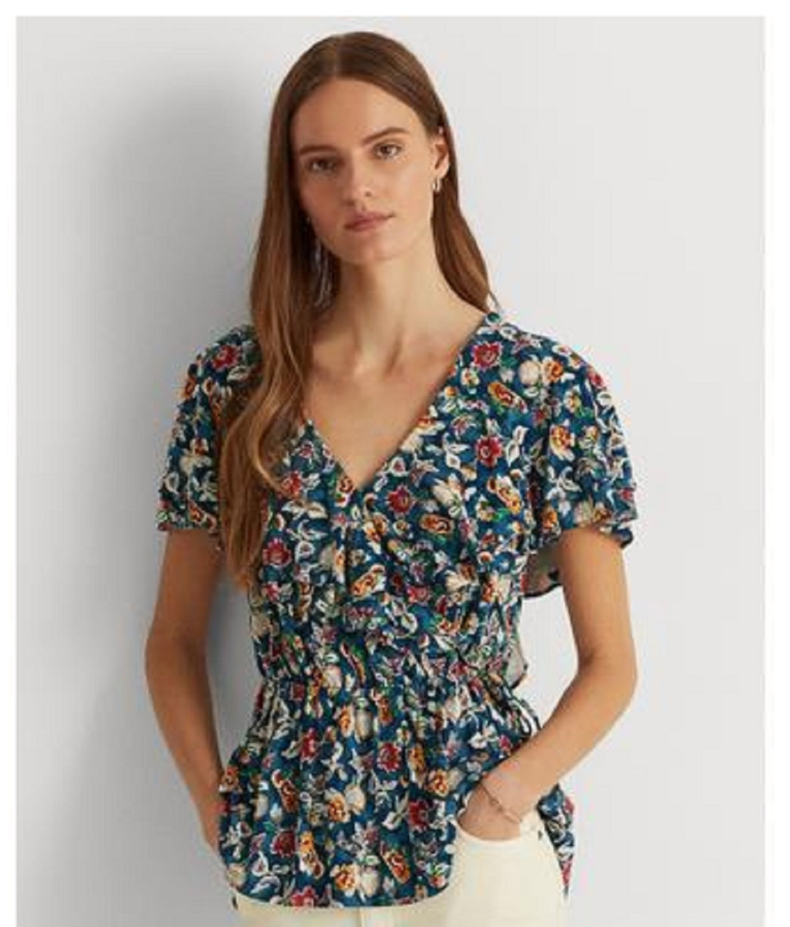 Blusa Ralph Lauren Feminina Floral Jersey Surplice Azul Tamanho X-G