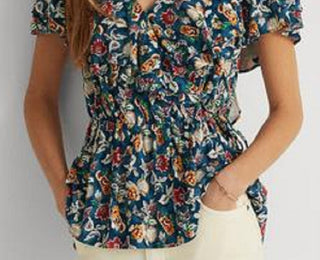 Blusa Ralph Lauren Feminina Floral Jersey Surplice Azul Tamanho X-G