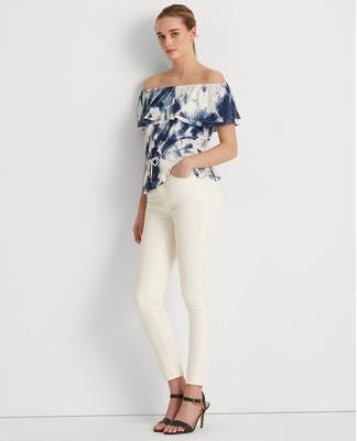 Blusa Ralph Lauren Feminina com Babados, Elástico, Cordão na Cintura, Tie Dye, Manga Curta, Ombro a Ombro, Branca, Tamanho Médio