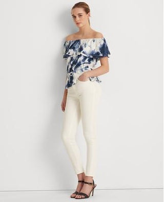 Blusa Ralph Lauren Feminina com Babados, Elástico, Cordão na Cintura, Tie Dye, Manga Curta, Ombro a Ombro, Branca, Tamanho Médio