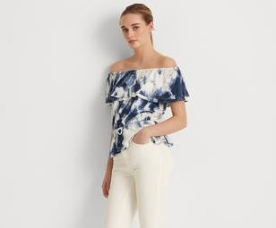 Blusa Ralph Lauren Feminina com Babados, Elástico, Cordão na Cintura, Tie Dye, Manga Curta, Ombro a Ombro, Branca, Tamanho Médio