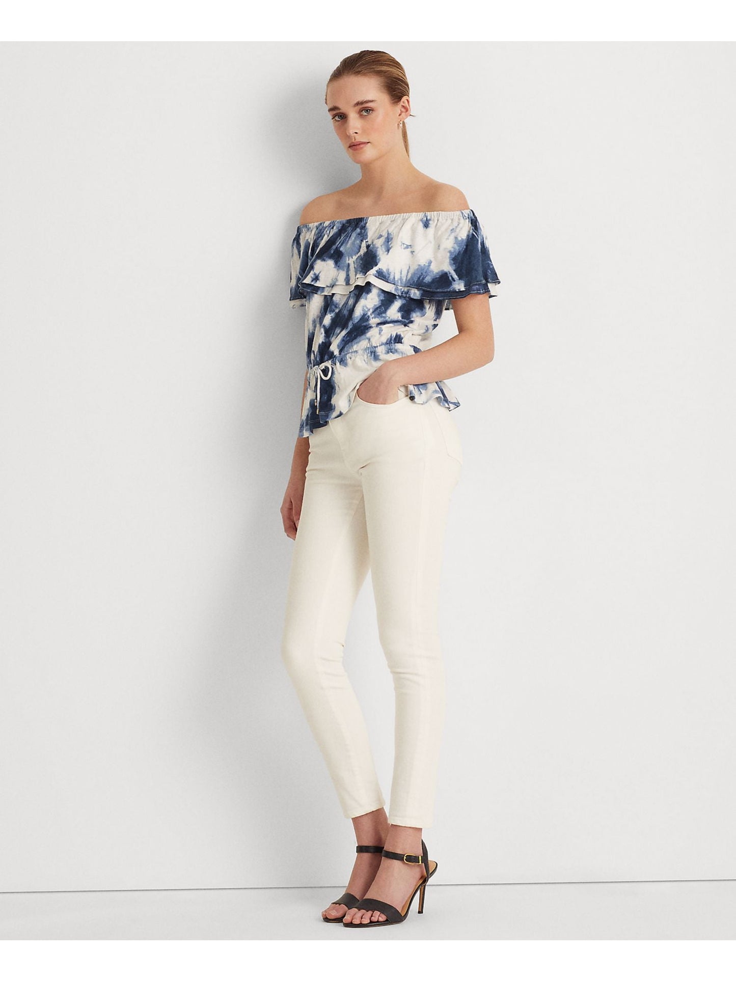 Ralph Lauren Feminino Babados Elástico Cordão Cintura Tie Dye Manga Curta Ombro a Ombro Blusa Branca Tamanho X-G