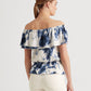 Ralph Lauren Feminino Babados Elástico Cordão Cintura Tie Dye Manga Curta Ombro a Ombro Blusa Branca Tamanho X-G