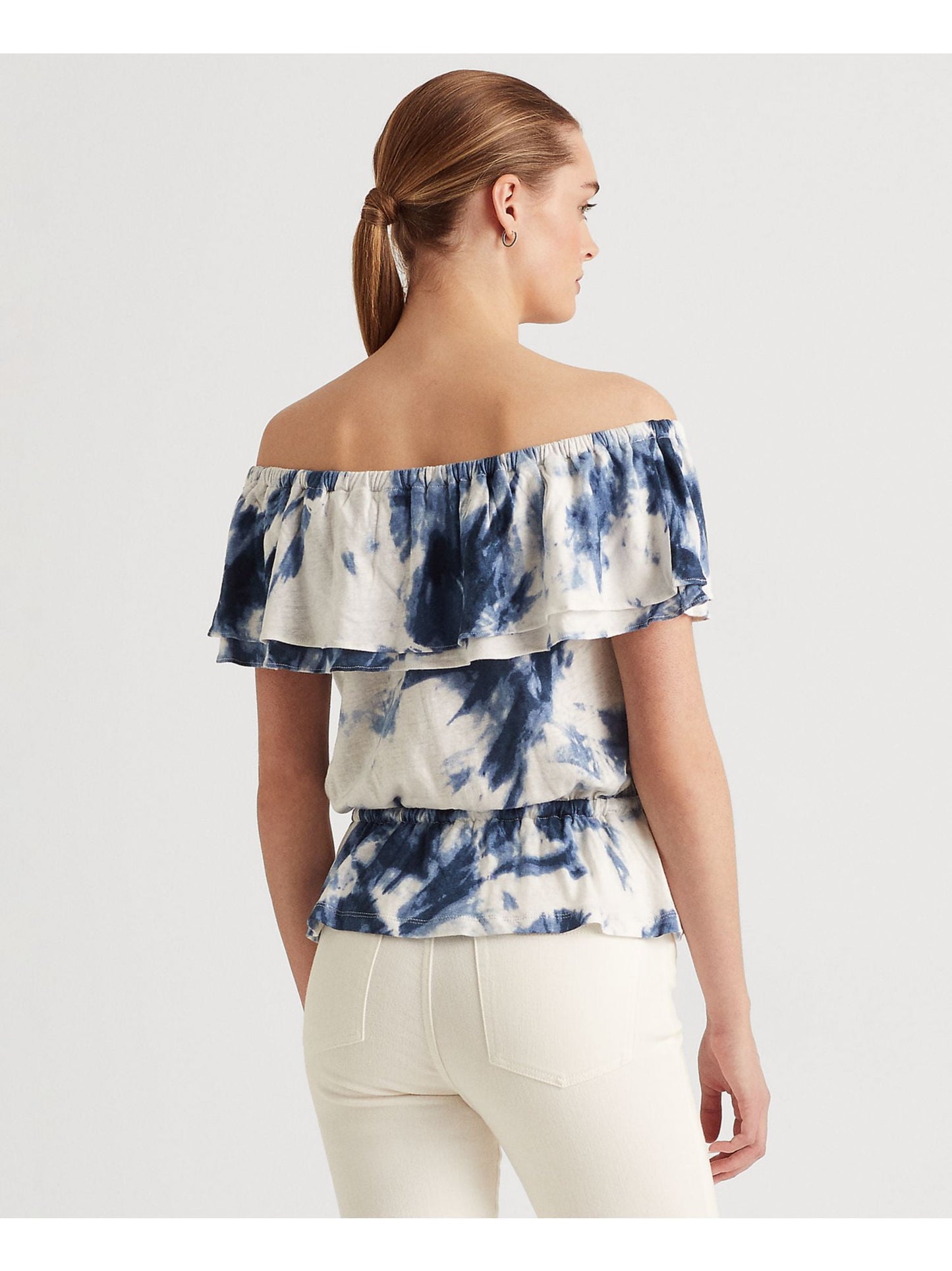 Ralph Lauren Feminino Babados Elástico Cordão Cintura Tie Dye Manga Curta Ombro a Ombro Blusa Branca Tamanho X-G