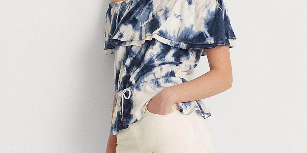 Ralph Lauren Feminino Babados Elástico Cordão Cintura Tie Dye Manga Curta Ombro a Ombro Blusa Branca Tamanho X-G