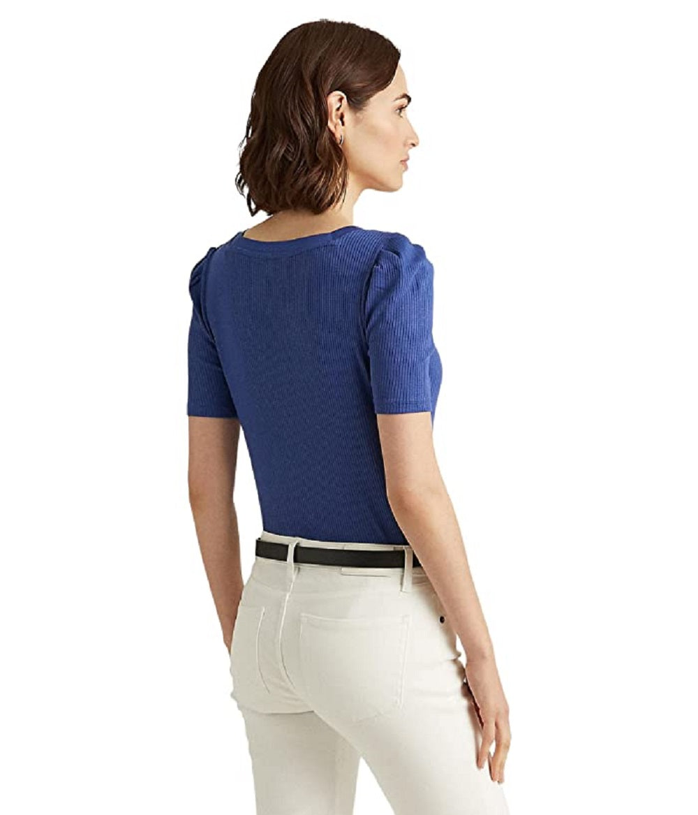 Camiseta Ralph Lauren Feminina de Algodão com Manga Cotovelo Azul Tamanho Pequeno X-S