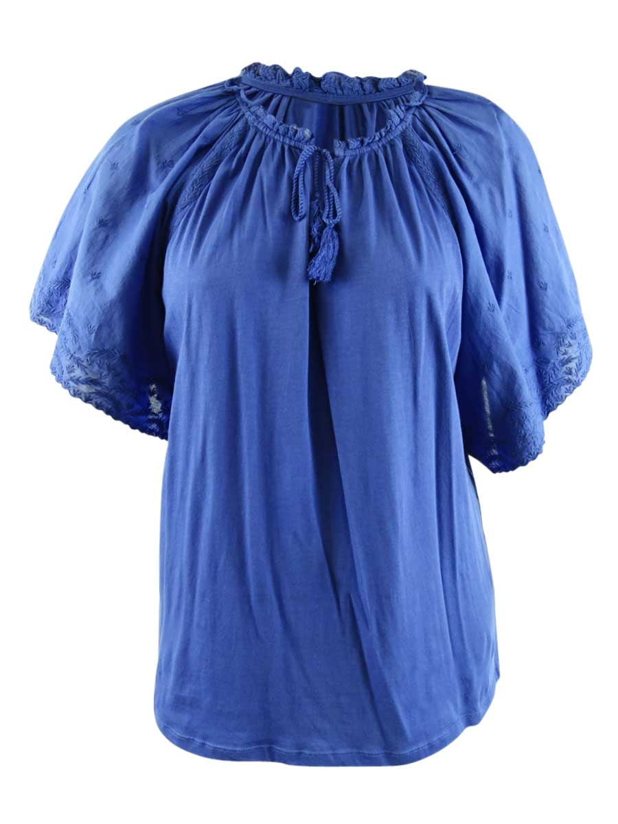 Ralph Lauren Blusa de malha feminina com ilhós e mangas curtas, azul, tamanho 2X