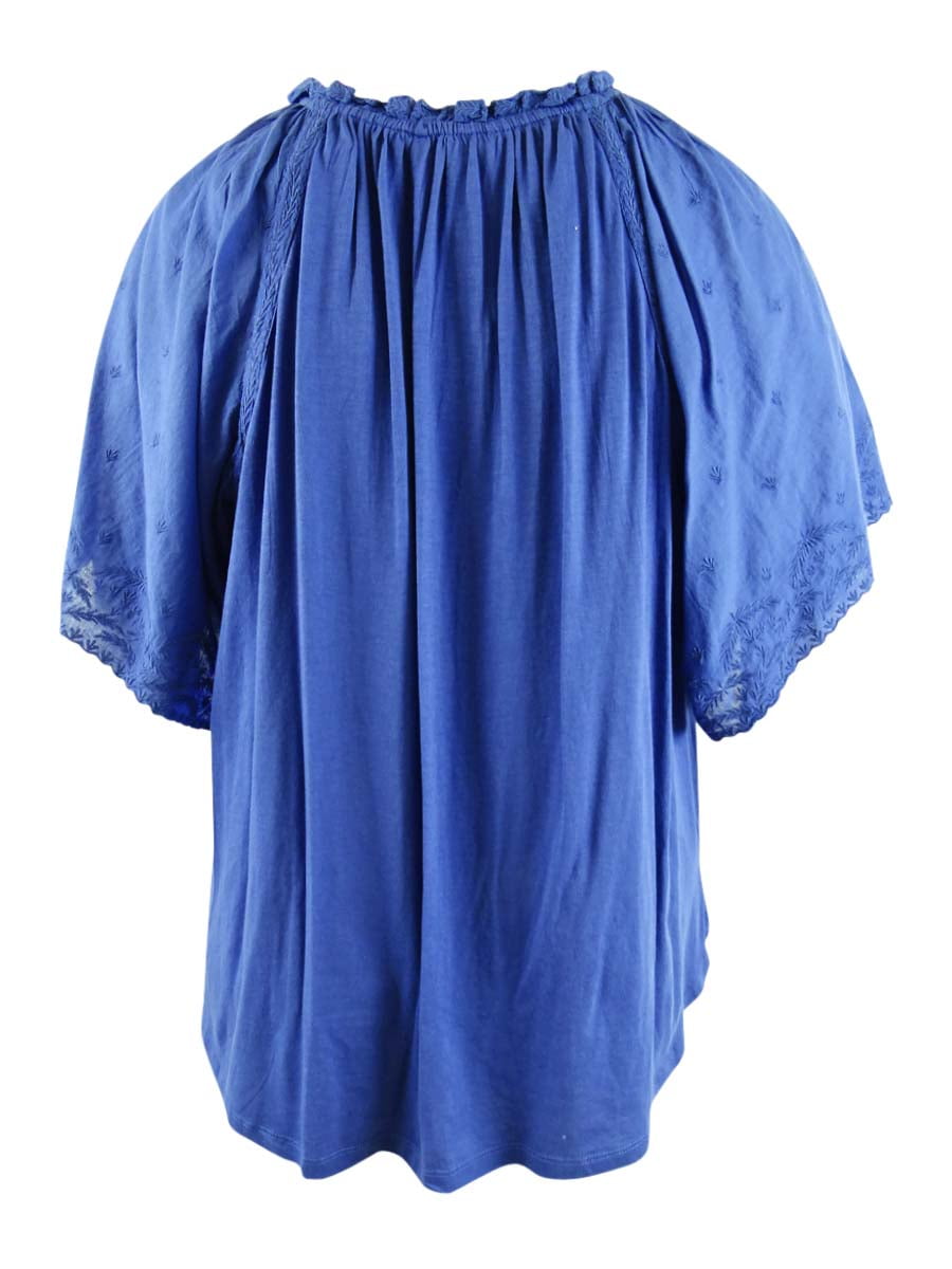 Ralph Lauren Blusa de malha feminina com ilhós e mangas curtas, azul, tamanho 2X