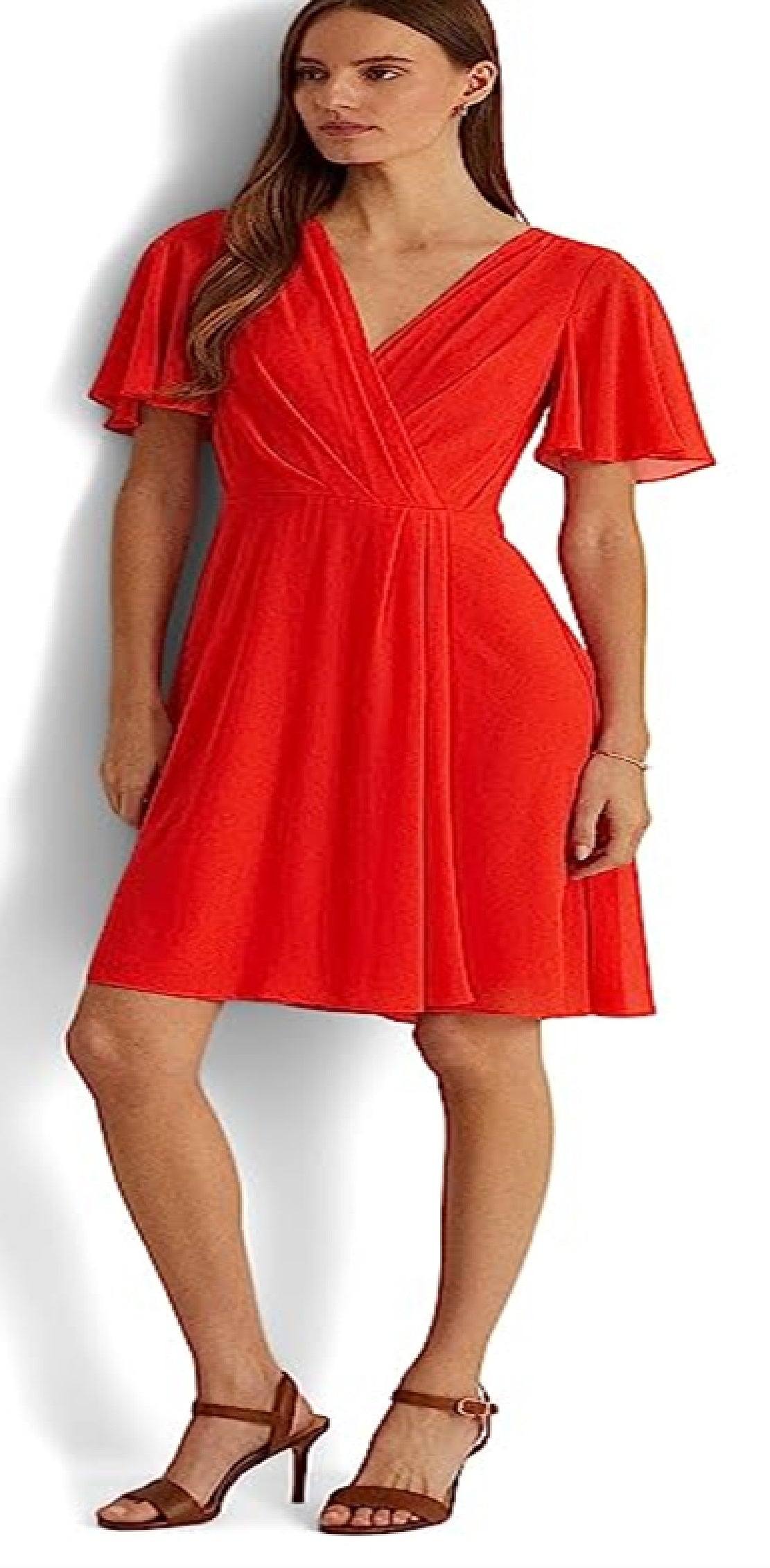Vestido feminino Ralph Lauren com mangas bufantes e georgette, vermelho, tamanho 12