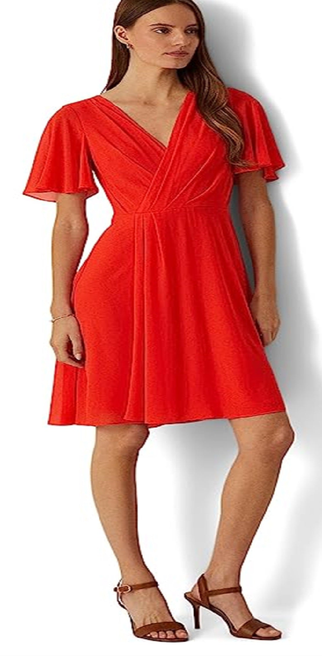 Vestido feminino Ralph Lauren com mangas bufantes e georgette, vermelho, tamanho 12