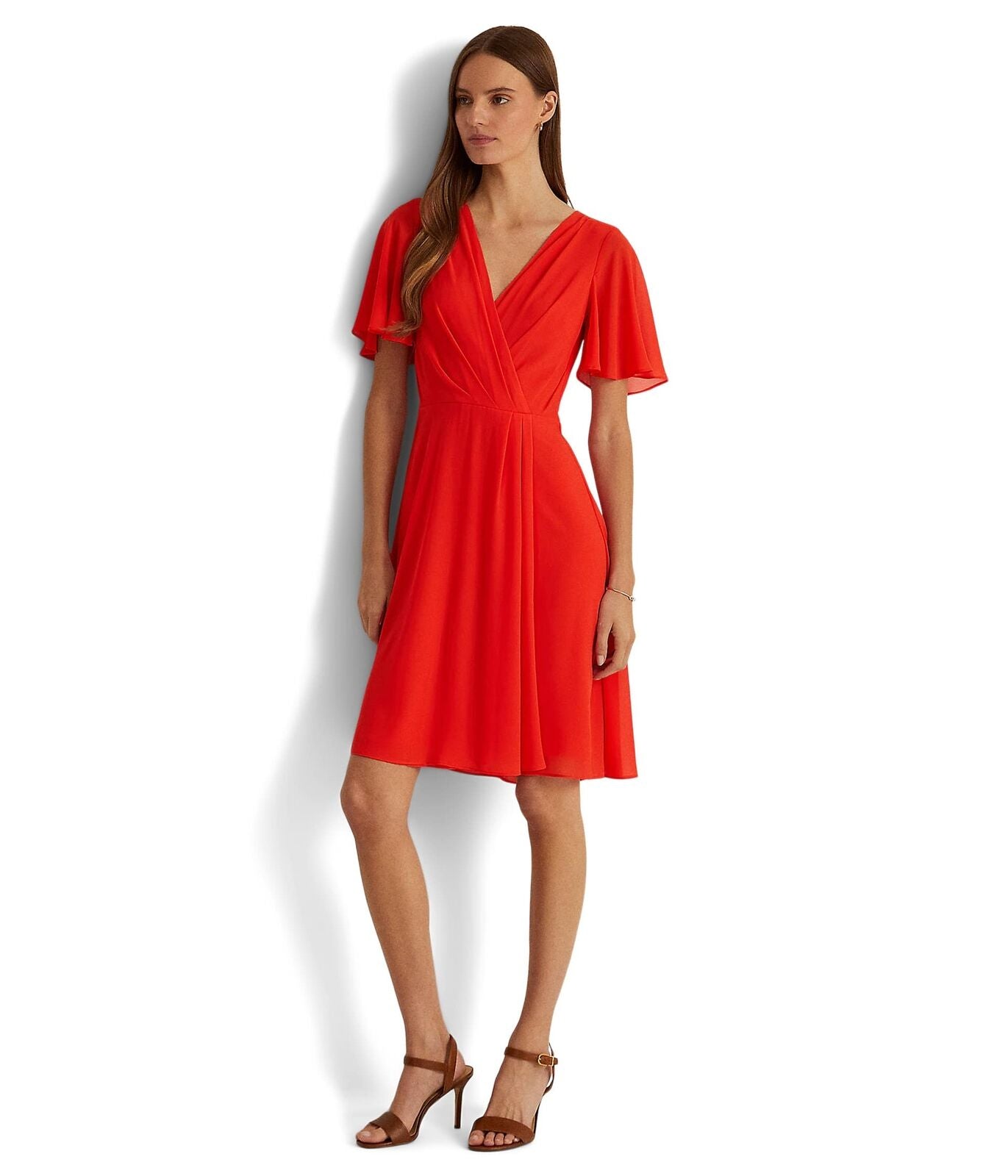 Vestido feminino Ralph Lauren com mangas bufantes e georgette, vermelho, tamanho 8