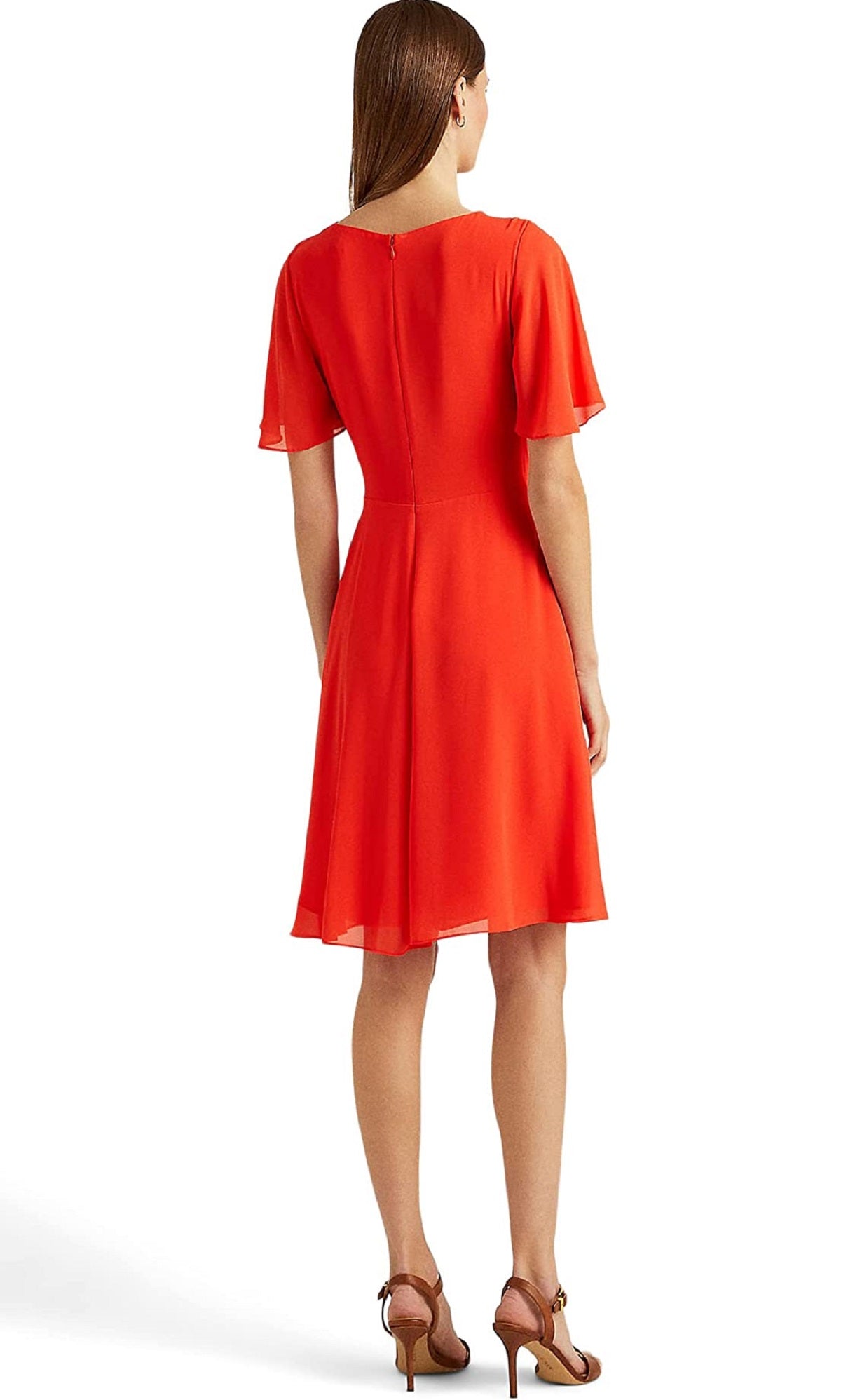Vestido feminino Ralph Lauren com mangas bufantes e georgette, vermelho, tamanho 8
