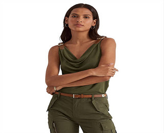 Camiseta regata feminina Ralph Lauren de malha com decote careca, verde, tamanho médio