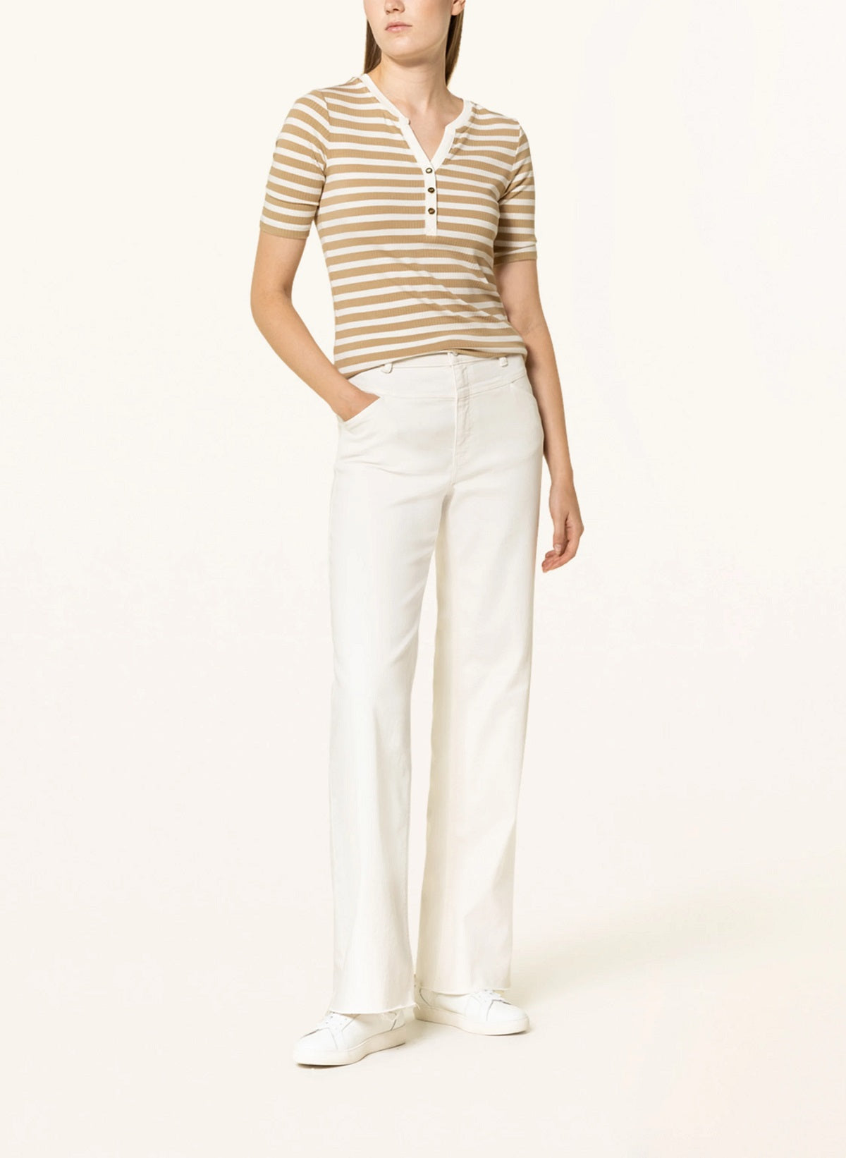 Camiseta feminina Ralph Lauren listrada de algodão misto Henley, bege, tamanho extragrande