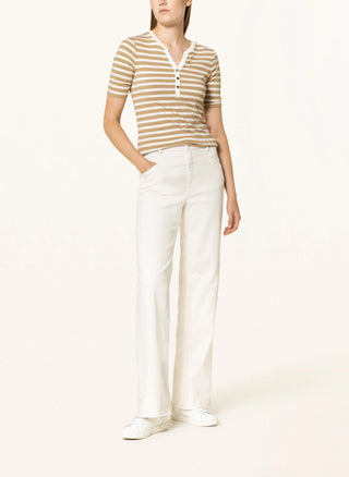 Camiseta feminina Ralph Lauren listrada de algodão misto Henley, bege, tamanho extragrande