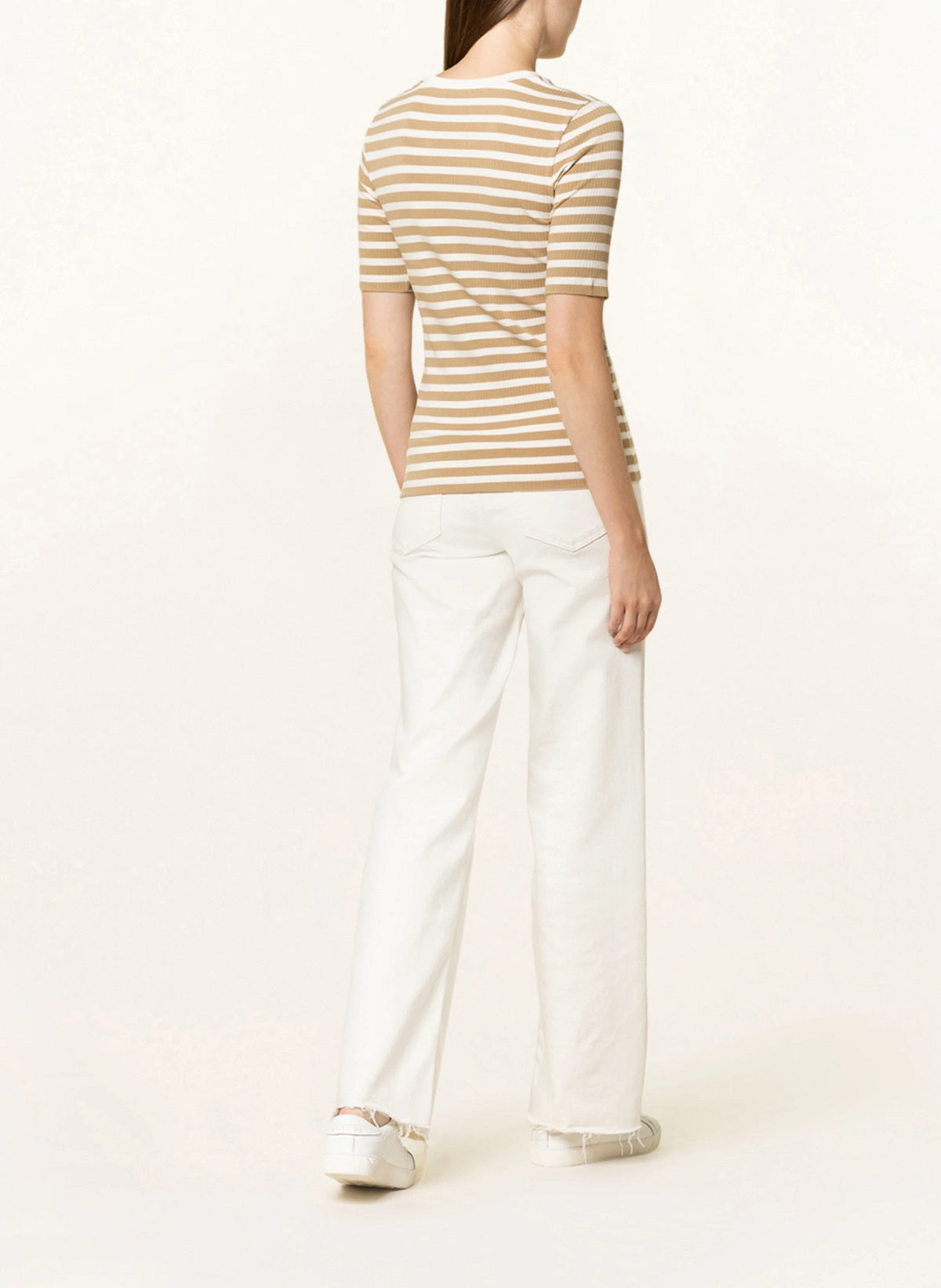 Camiseta feminina Ralph Lauren listrada de algodão misto Henley, bege, tamanho extragrande