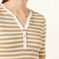 Camiseta feminina Ralph Lauren listrada de algodão misto Henley, bege, tamanho extragrande