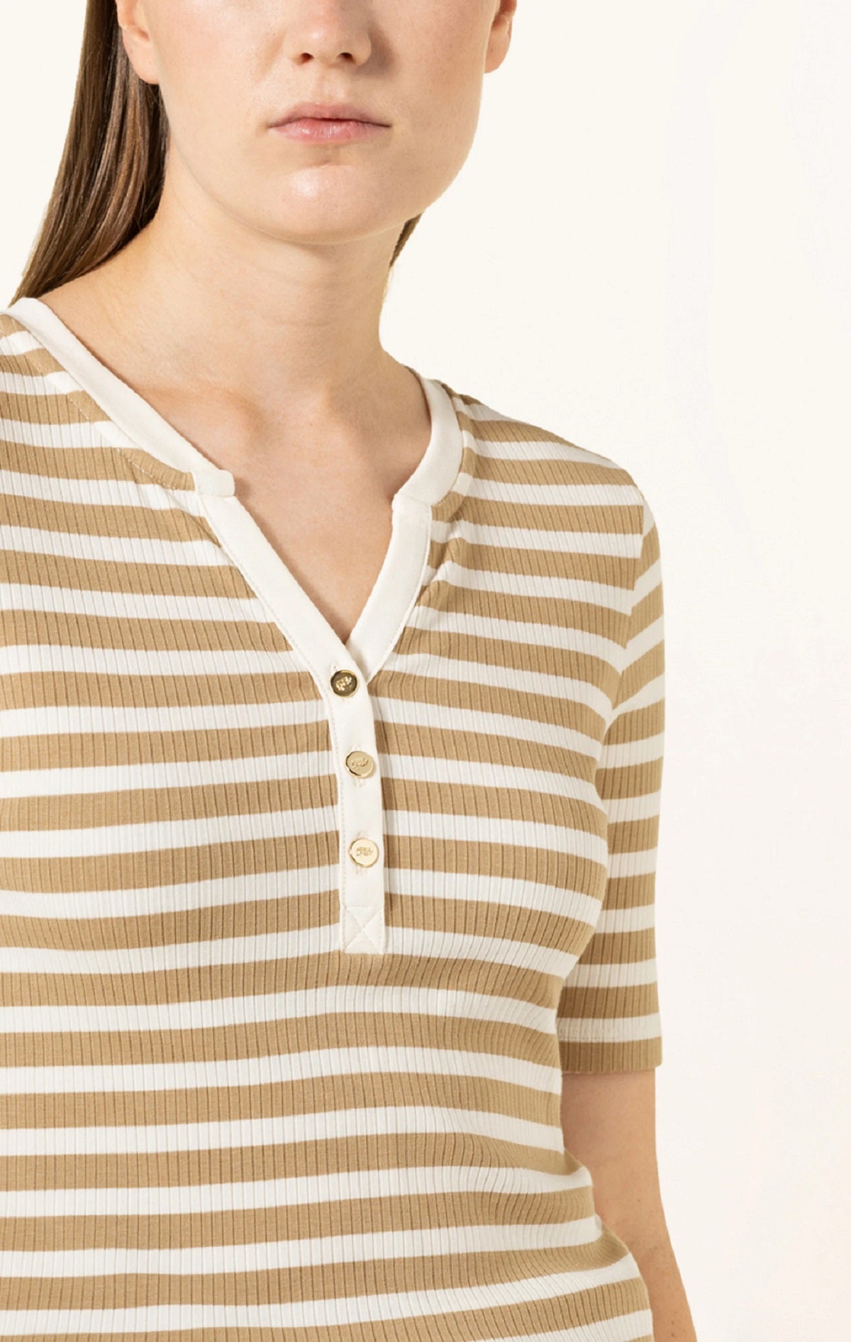 Camiseta feminina Ralph Lauren listrada de algodão misto Henley, bege, tamanho extragrande